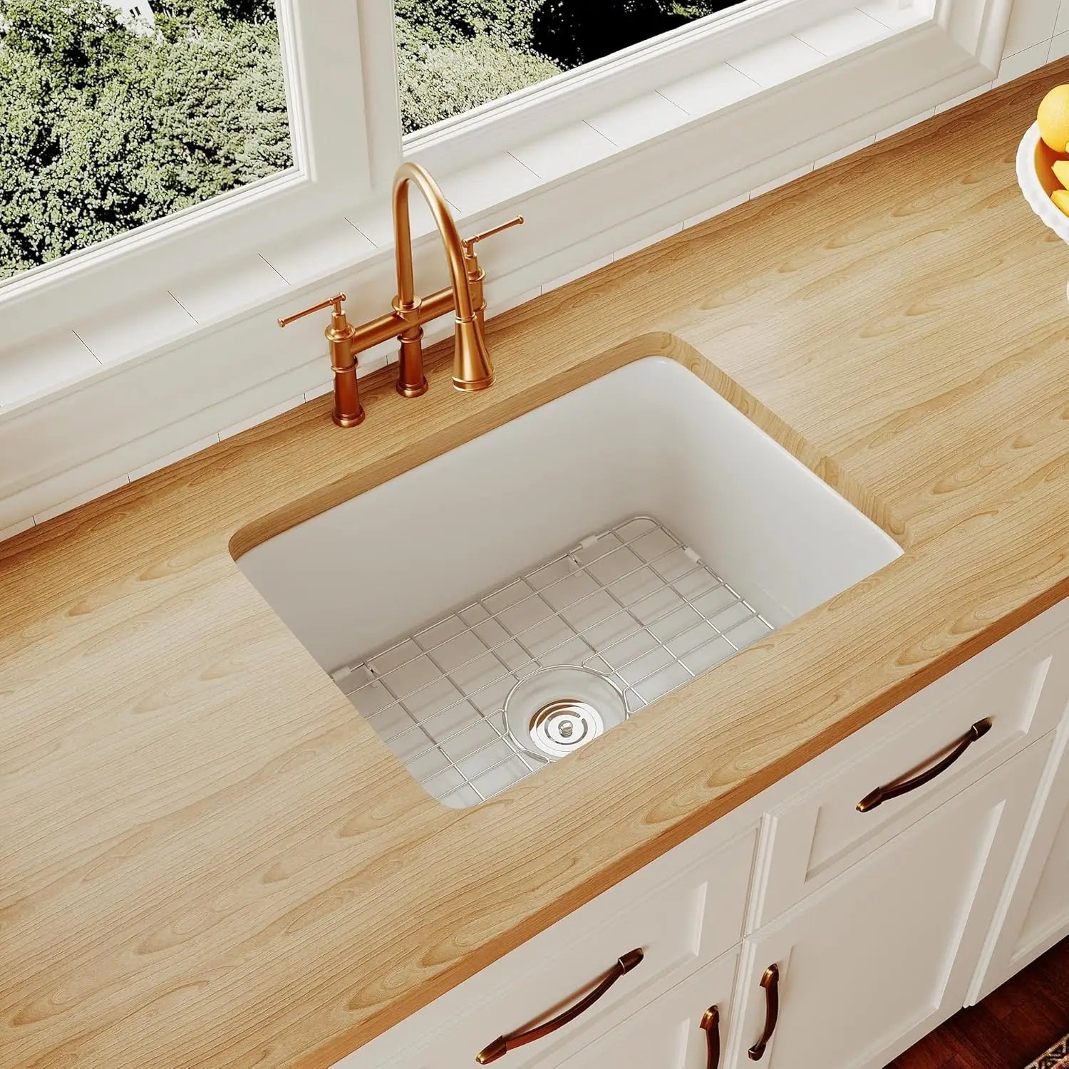 

White Fireclay Undermount Kitchen Sink, Deervalley Single Bowl Kitchen Sink Accessories Workstation Sink With Sink Grid And