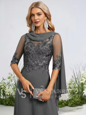 A Burgundy A-Line V-Neck Lace Chiffon Evening Dress With Sweep Train Sequins Cape Sleeves Prom Dress Wedding Party Formal Gowns