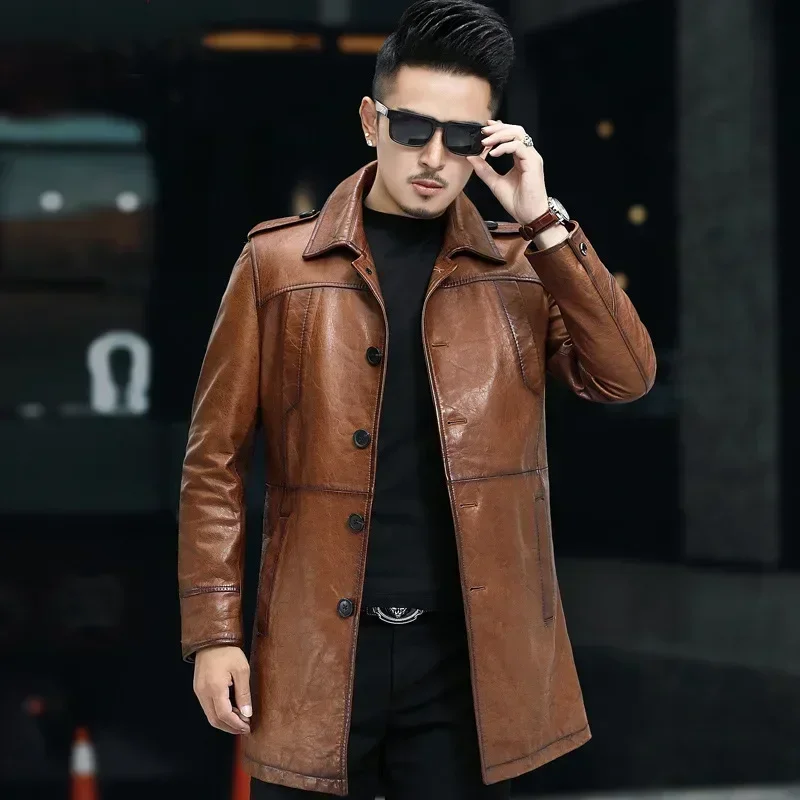 Tcyeek Autumn Winter Genuine Leather Jacket Men\'s Oil Wax Sheepskin Mid-length Windbreaker Casual Leather Coat Chaquetas Hombre