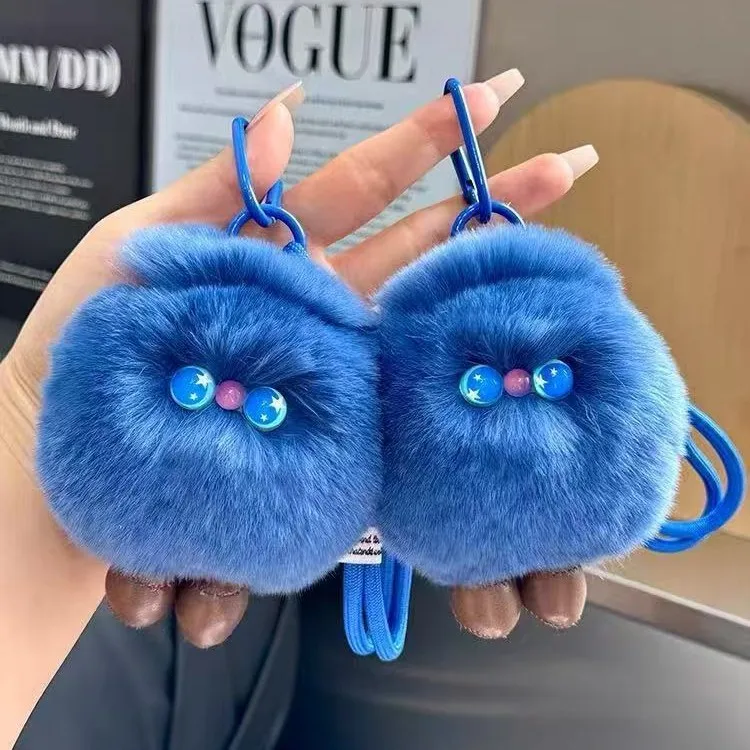 Cute Rex Rabbit Fur Blueberry Hand Cord Pendant Plush Doll Car Keychain Bag Decorations for Women Soft Toy Accessory