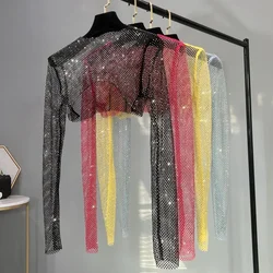 Sexy Women's Summer Thin Color Diamond Tops Mesh Drill Outer Sun Protection Long Sleeve Glitter Party with Skirt Small Shirt