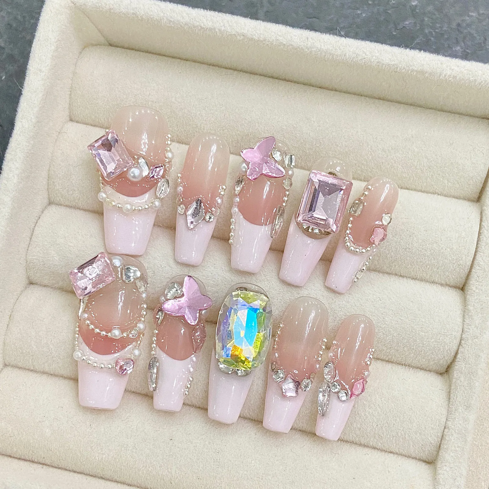 Uñas postizas de Ballet francés para niña, uñas largas hechas a mano con diamantes de imitación grandes, decoración a presión, 10 piezas