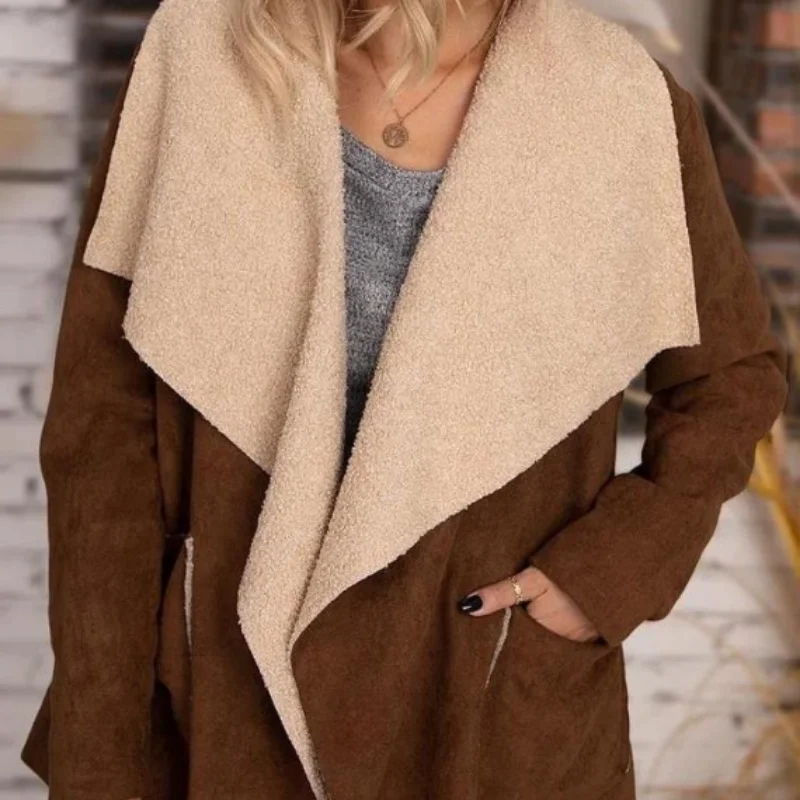 

Fashion Sleeveless Simple Stitching Lamb Wool Vest Women Autumn Winter Coat Suede Tank Casual Two Ways Wear Big Lapel Waistcoat