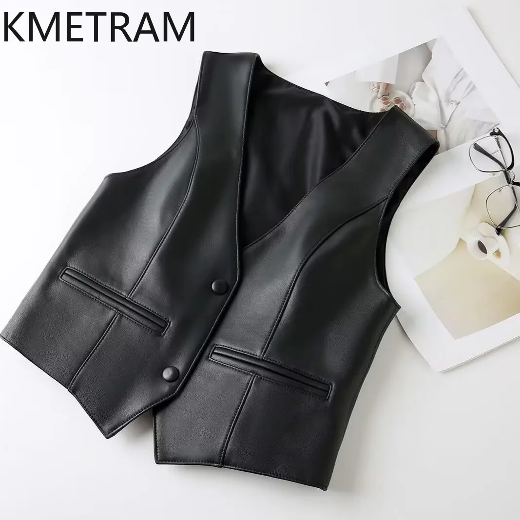 Kmetram echte Schaffell Leder weste für Frauen Frühling Herbst Kleidung vielseitige Tanks 2024 neue Tops Slim Fit Ropa de Mujer