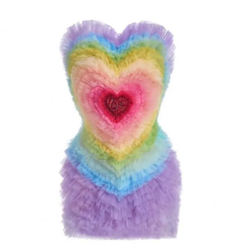 Rainbow Heart Dresses Women Tulle Off Shoulder Short Birthday Wear Colorful Puffy Dress For Photo Shoot Mini Layered Fashion