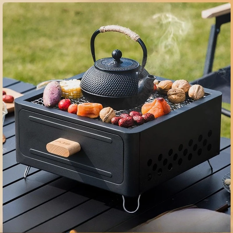Portable Charcoal BBQ Grill Square Enclosure Stove Outdoor Camping Household Courtyard Barbecue Grill Easy Clean for Tea Cooking