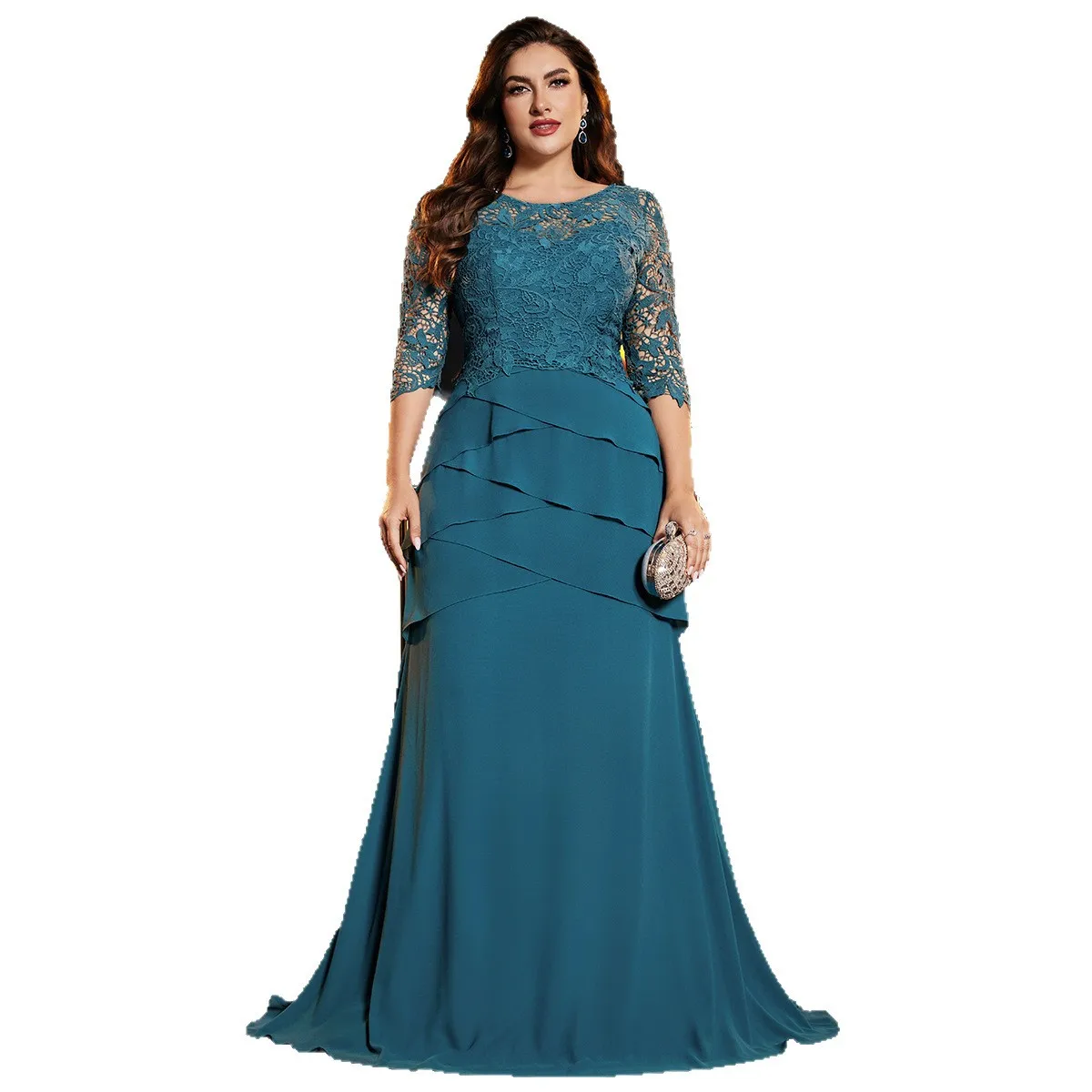 Abito Lungo da Sera/Cocktail in Chiffon a Balze con Scollo Rotondo, Maniche a Tre Quarti, Pizzo Floreale, Taglie Forti, Colore Teal, con Strascico, Modello A-Line