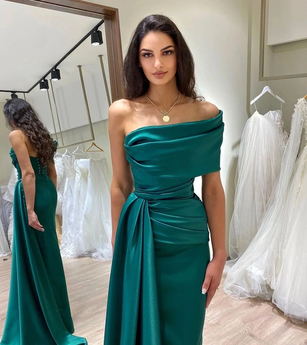 Gorgeous Ladies Elegant Evening Dresses Side High Split Mermaid Satin Prom Gowns Pleated Green Formal Party Robe Femme Soirée De