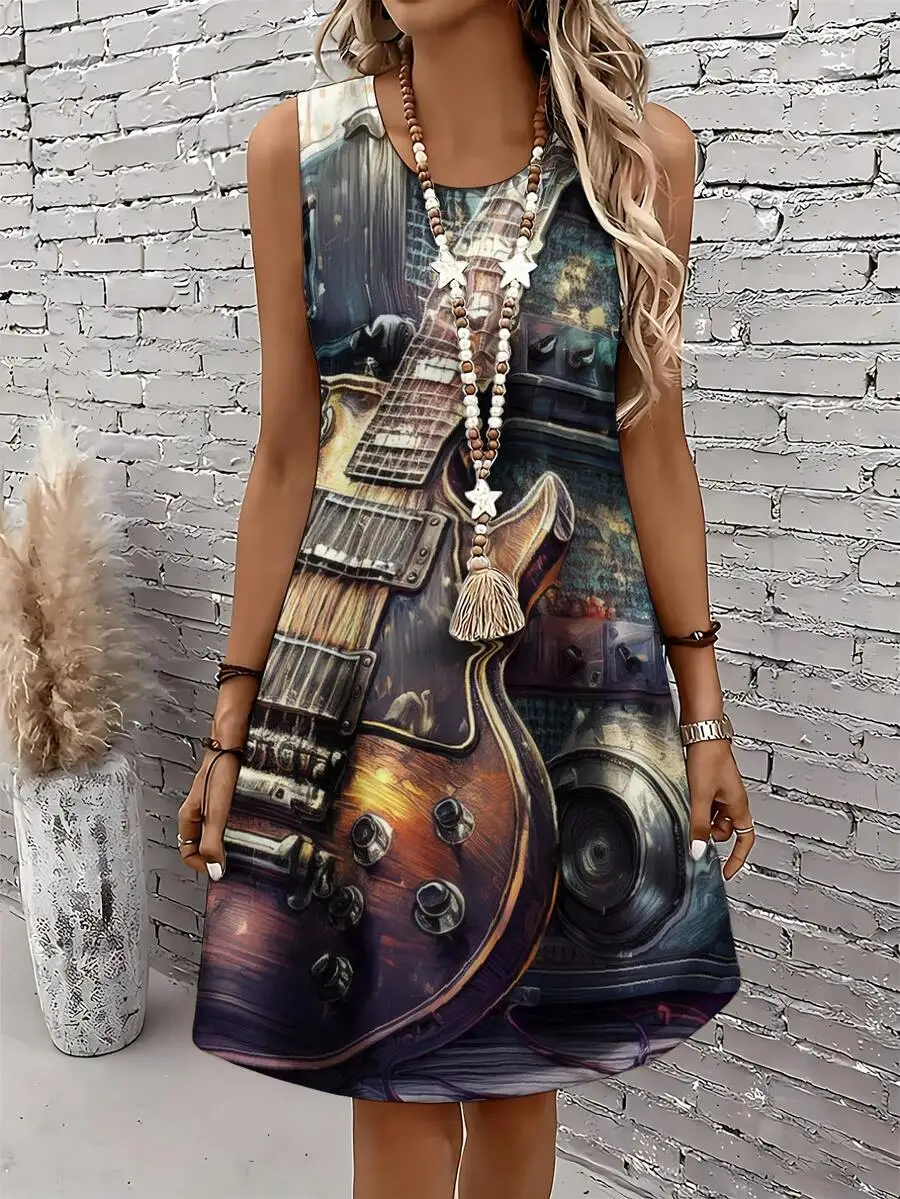 

Electric Guitar Print Sleeveless Mini Dress Women Summer Casual Music Theme