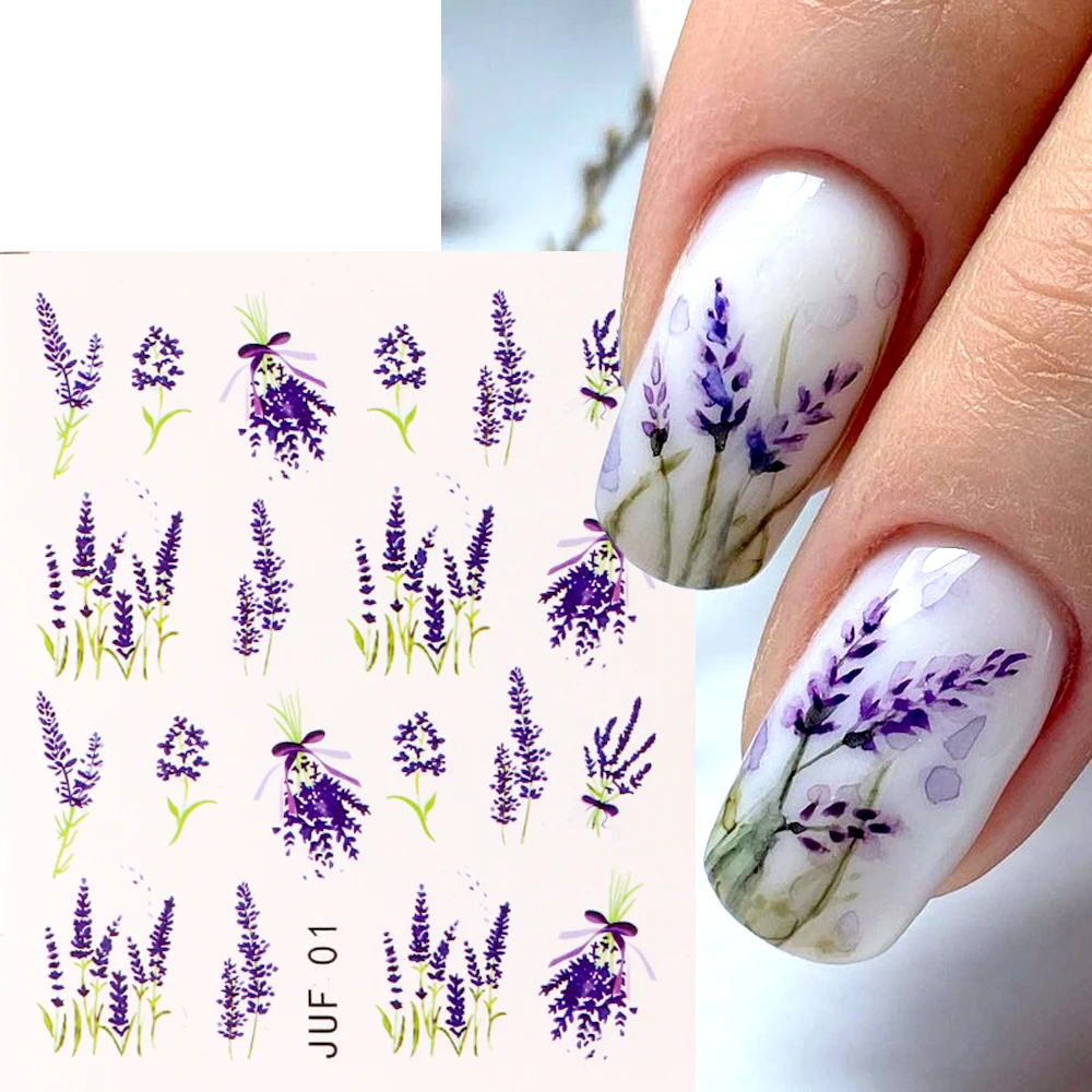 1Pcs Lavender Water Nail Decal Flowers Watercolor Nail Stickers Tulips Tropical Leaf Transfer Watermark Manicure Tattoos GLJUF01