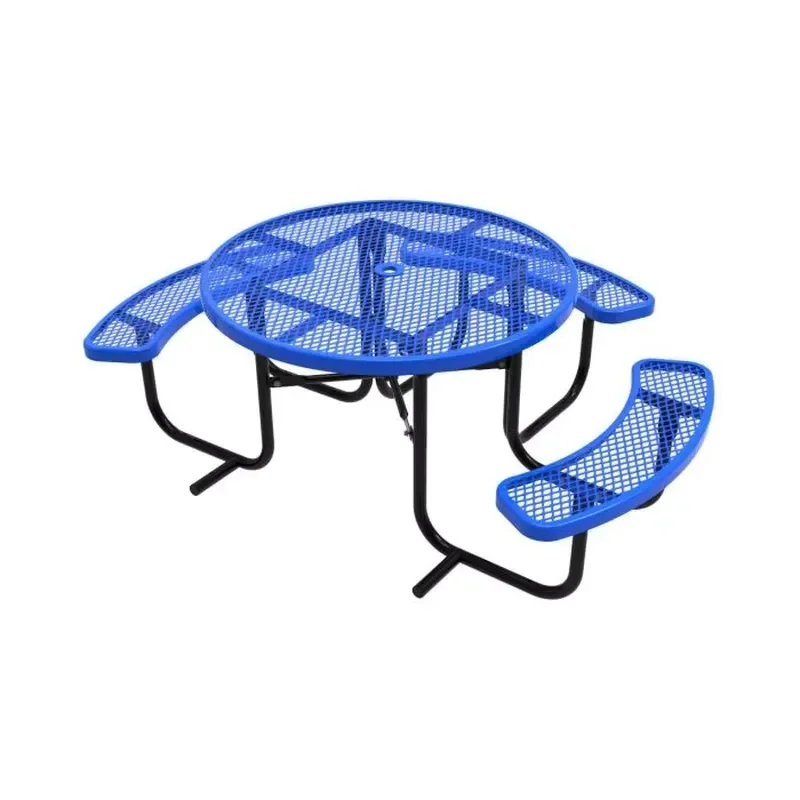 Outdoor Durable Modern Thermoplastic Coating Steel Commercial Picnic Table Bench Restaurant Metal Table Chair Umbrella Hole