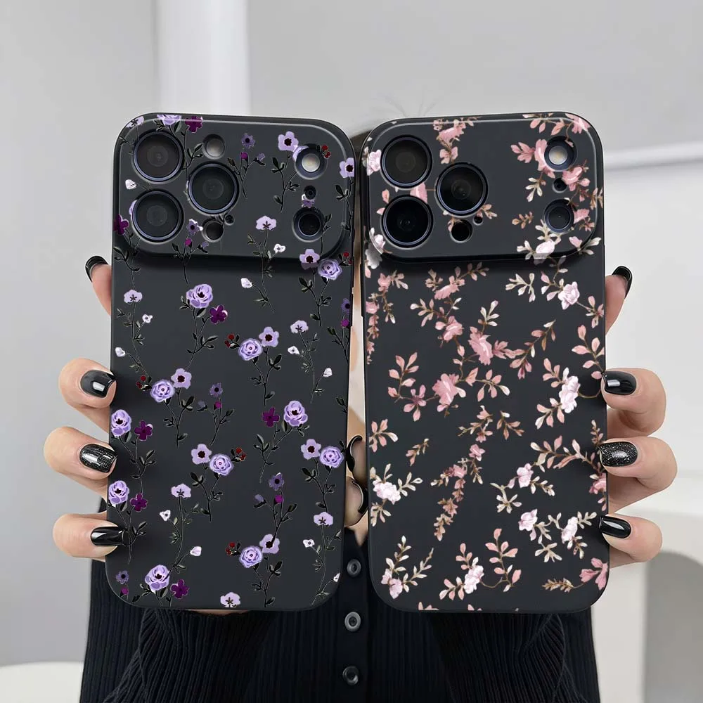 

Flower Branch Pattern For Apple iPhone 17 Air 16 16e 15 14 13 12 11 XS Pro Max Plus Black Soft Cover Phone Case