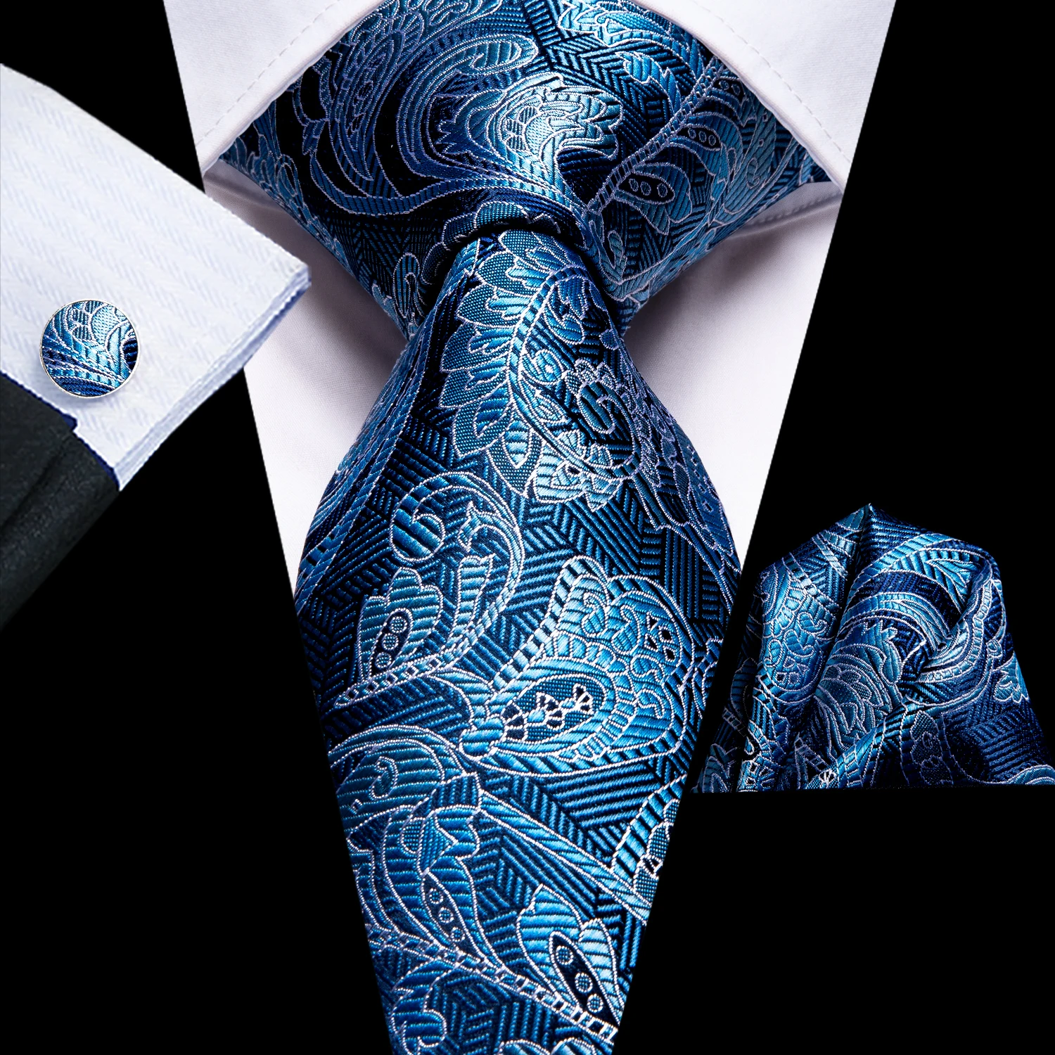 Blue Paisley Men's Tie Handkerchief Cufflinks Set Necktie for Men Male Wedding Business Ties Formal Dad Husband Gift