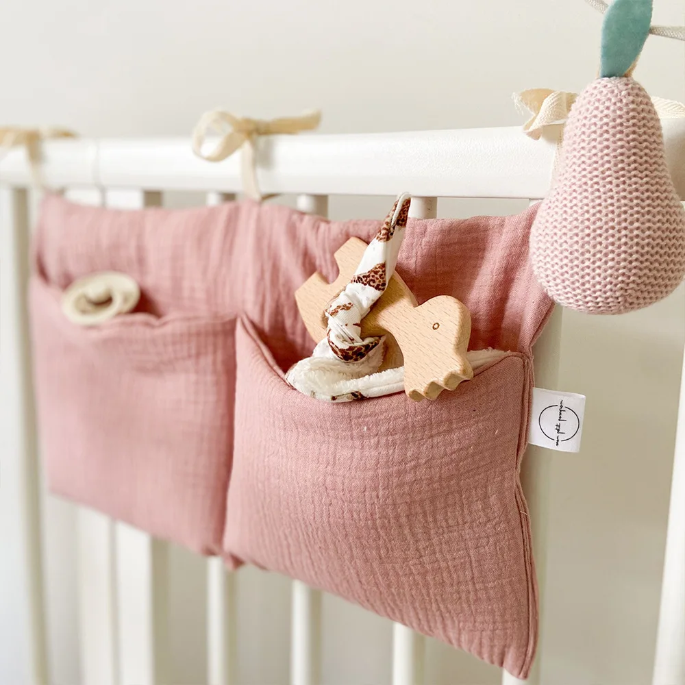 baby-bed-storage-hanging-bag-stroller-bag-pure-cotton-double-compartment-diaper-baby-bottle-teething-toy-decorative-storage