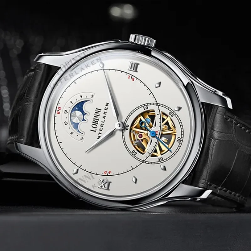LOBINNI Men Automatic Watch 41mm Mechanical Wristwatch Waterproof Skeleton Flywheel Dial Sapphire Mirror