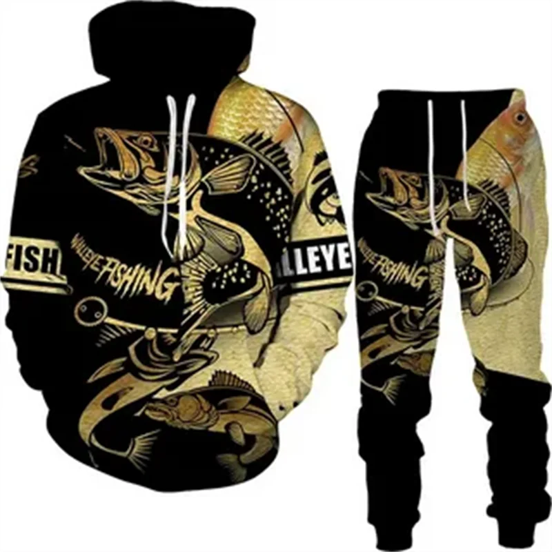 New Vintage Animal Fish Hoodie set Men Tracksuit 3D Printed Casual Sweatshirt pants Set Comfortable Streetwear Oversize Clothing