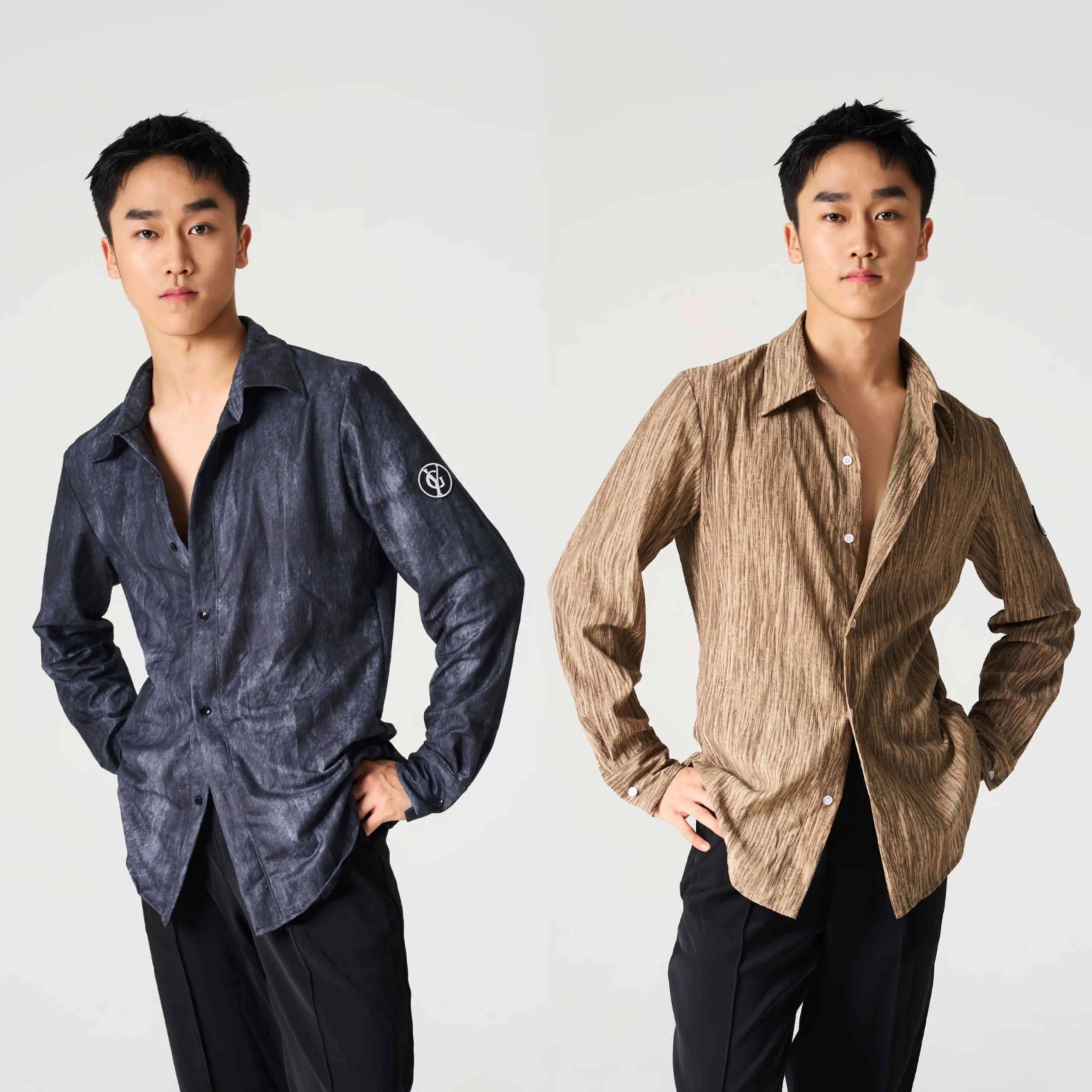 

Мужская одежда для латинских танцев, рубашки с длинными рукавами, хаки, тренировочные топы, одежда для румбы, сальсы, топы для бальных танцев