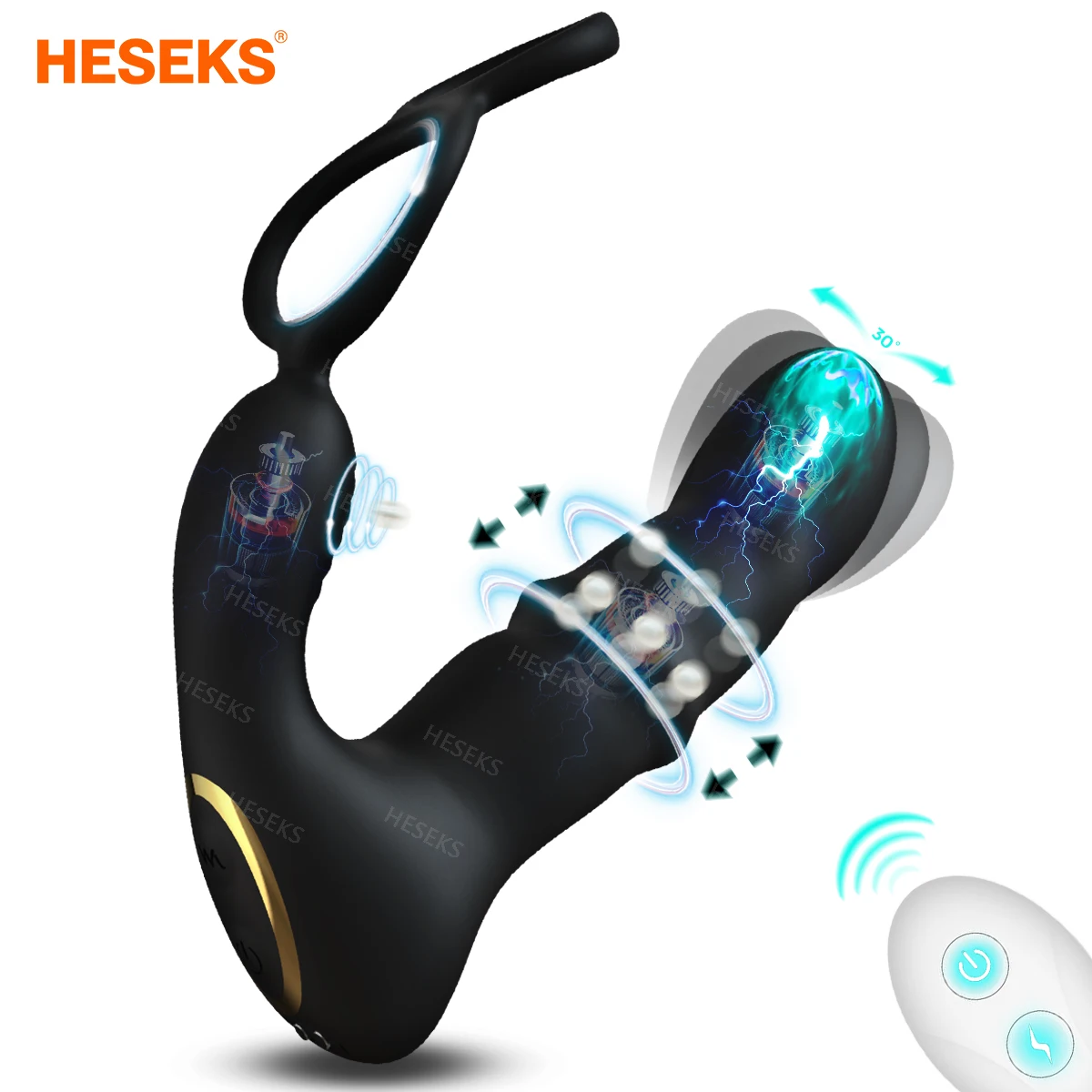 HESEKS Wiggling Vibrating Prostate Massager Anal Vibrator with Penis Ring Beads Telescopic Anal Plug Male Sex Toys for Men 18+