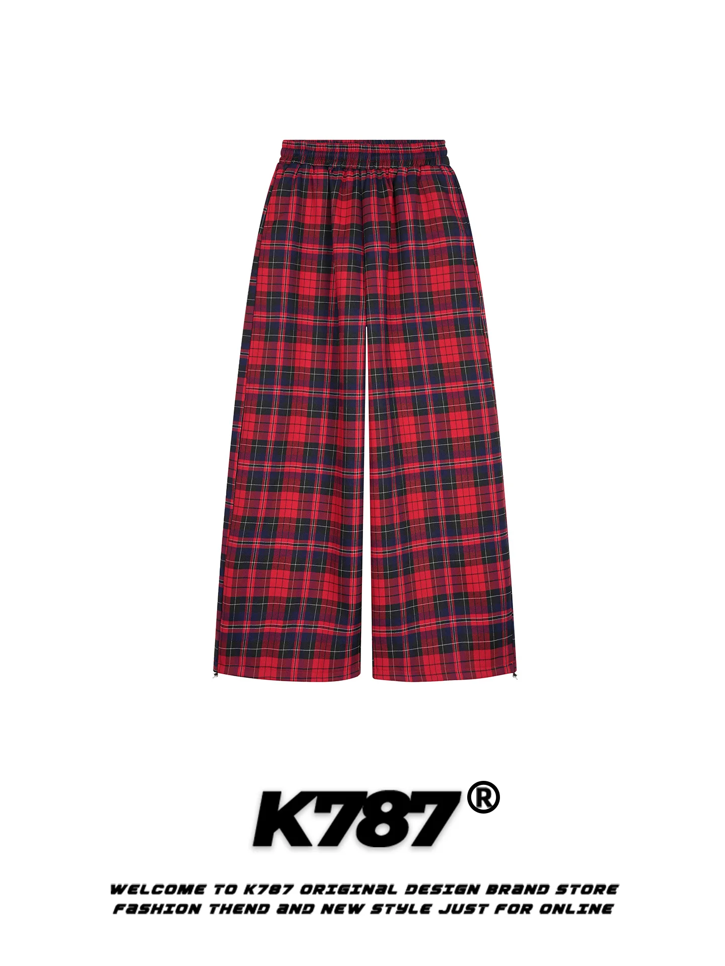 

K787 American Retro Red Plaid Wide Leg Pants Women's Slimming Casual Jazz Dance Sports Color Blo Floor-Length Trousers