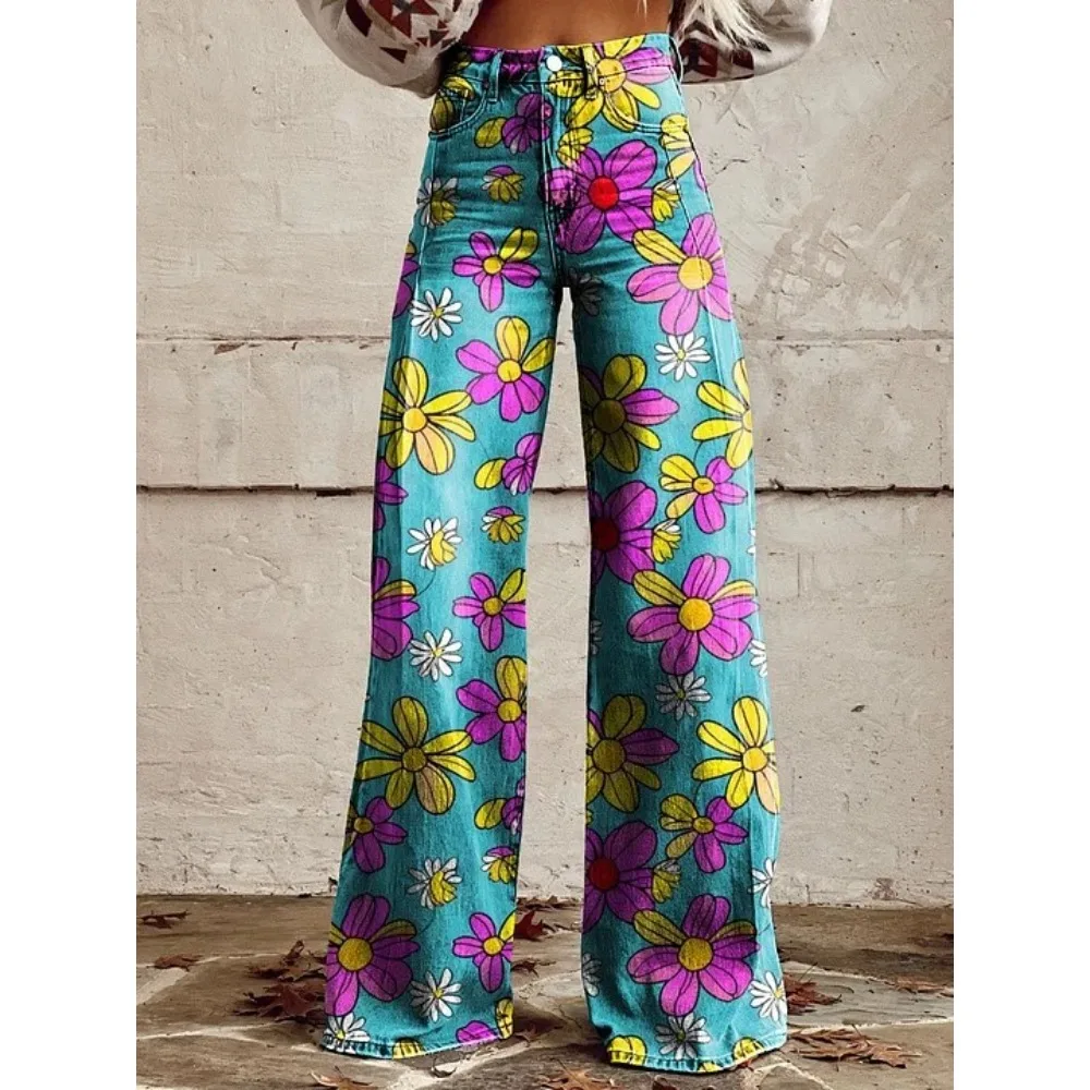 Damen Blaue Orientalische Pflaumenblüten-Druck Hose mit Hoher Taille und Weitem Bein Vintage Blumenmuster Y2K Ästhetik Lose Hose Retro Streetwear – Detail 20