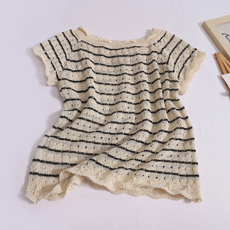 Women Versatile Contrast Color Striped Lace up T-shirt Crochet Hollow Out Short Sleeved Knit Shirt Casual Summer Thin Crop Tops