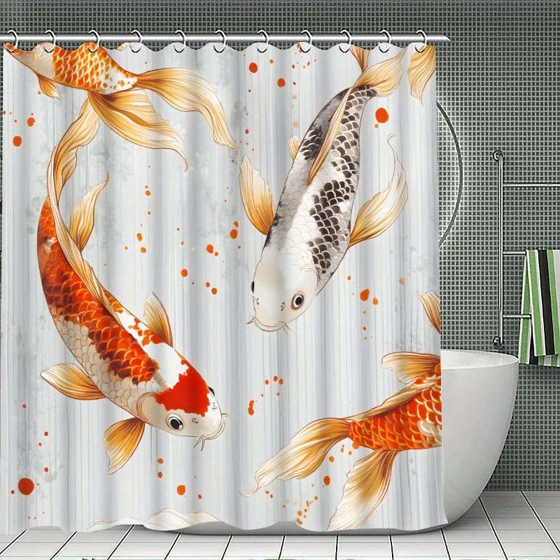 4pc Red and white koi fish pattern decorations, shower curtain, U-shaped mat, toilet seat cover and anti-slip mat.