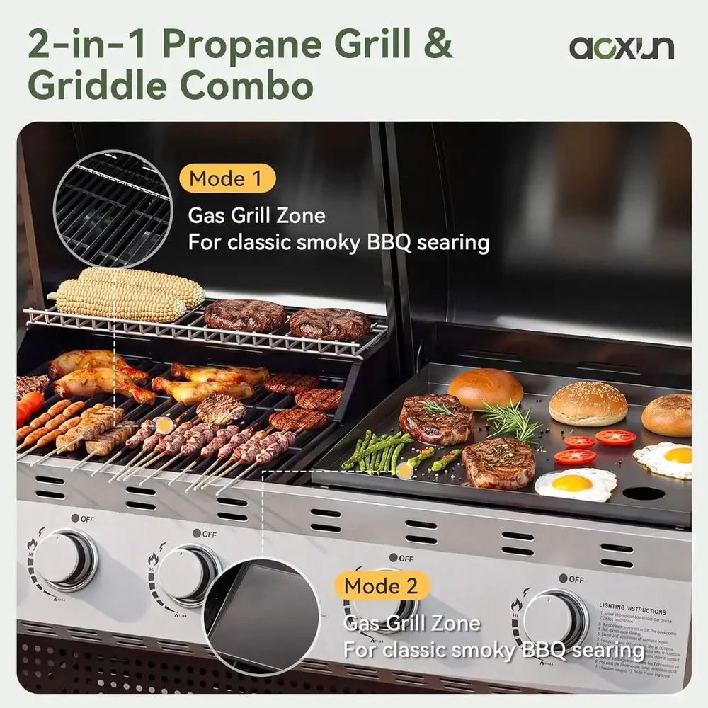 Dual-Function Outdoor BBQ Grill and Griddle, 54000 BTU Propane, Porcelain-Enamel Cast Iron Grates, Ideal for Backyard and Patio