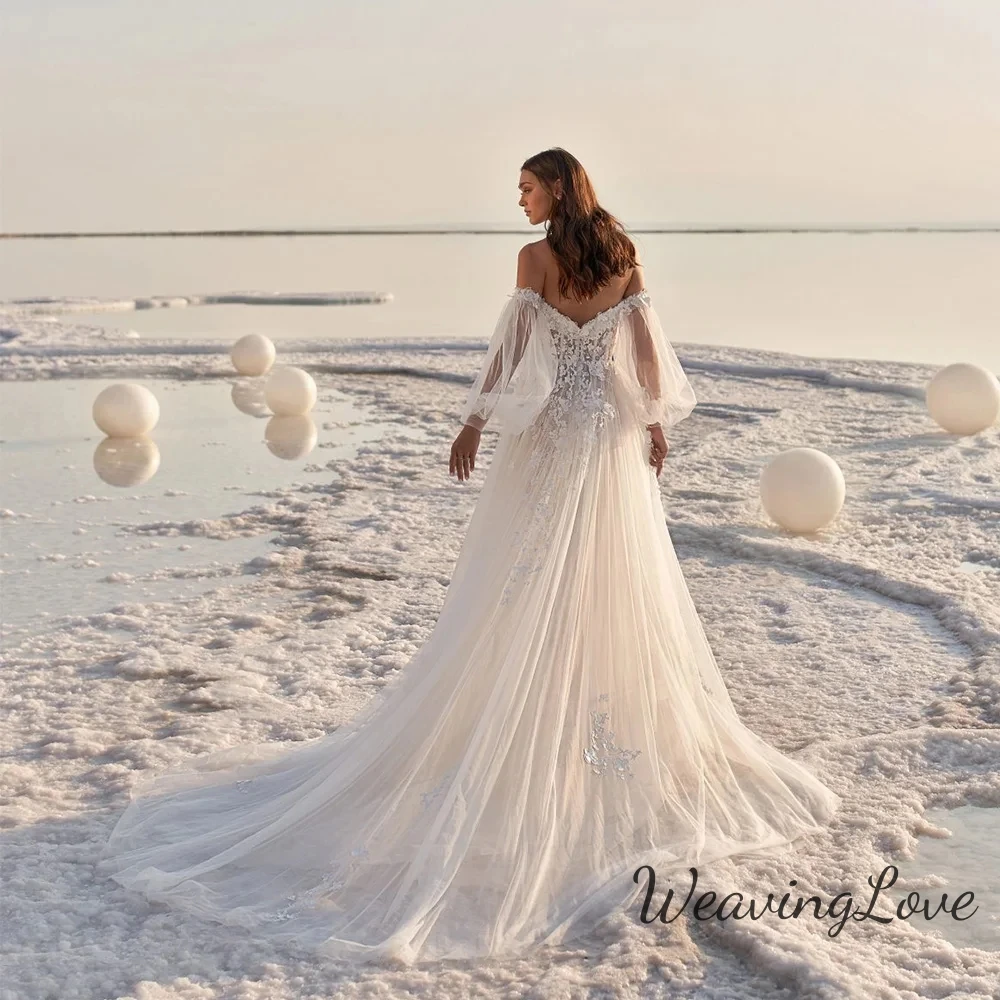 Vestidos de novia bohemios de gasa con hombros descubiertos para mujer, ropa de playa con mangas desmontables, apliques, corsé, Tull, 2024