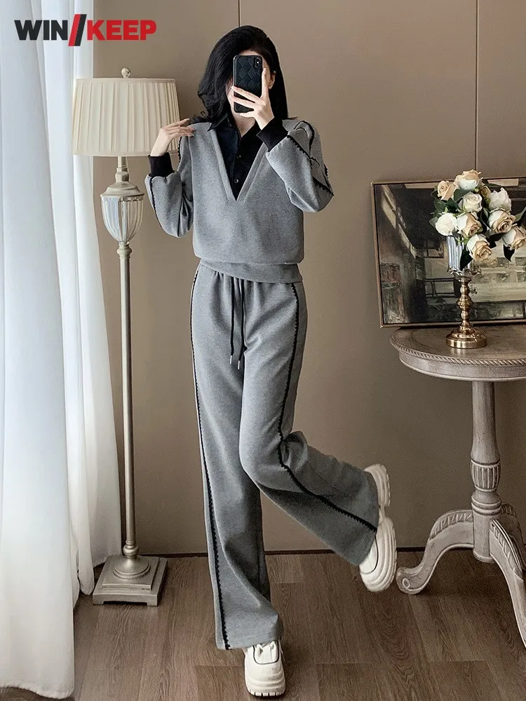 Outdoor Women Gray Patchwork Turn Down Collar Running Sweatshirt Top Pants Two Piece Set Training Sports Lady Jogging Tracksuit