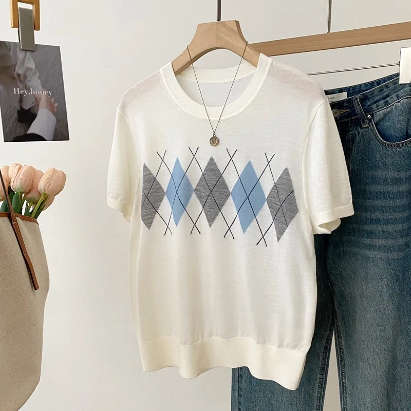 

Dave&di 26 Summer Clothing New Product High Texture Intellectuals Ling Grid Round Neck Knitted Short Sleeve 100 Knitted Wool