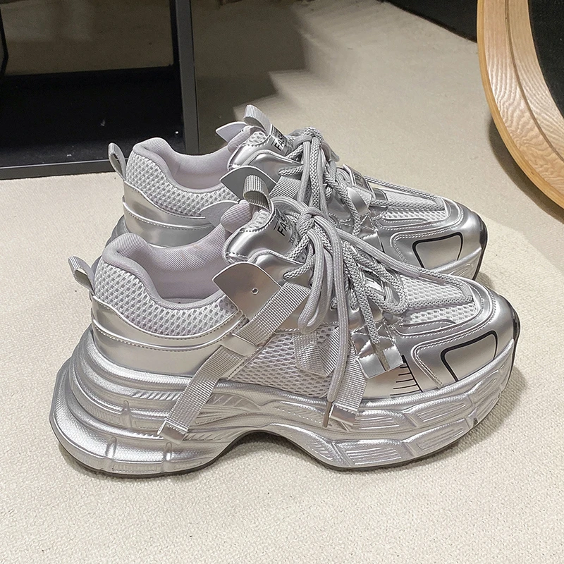 Silver Red Chunky Platform Sneakers for Men Women 7cm Height Increasing Breathable Mesh Dad Shoes Casual Streetwear Trainers