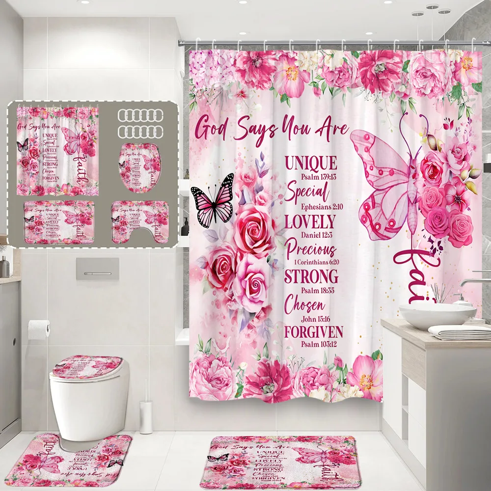 

Floral Butterfly Shower Curtain Set Watercolour Pink Rose Flower Plant Inspirational Quotes Bathroom Decor Bath Mat Toilet Cover