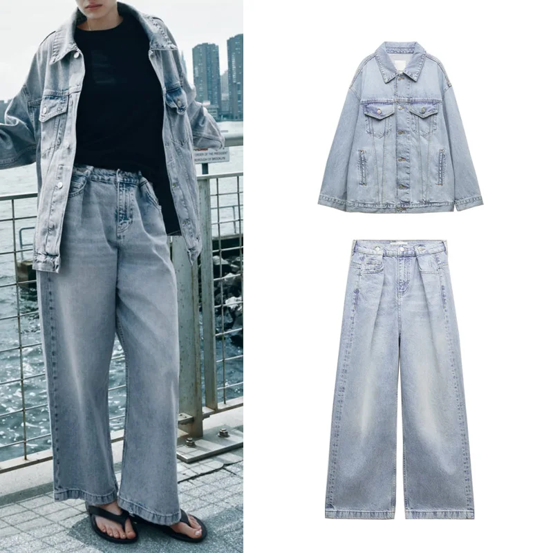 Conjunto de duas peças com jaqueta jeans foada e calça jeans de cintura média, novidade da primavera, roupa fena modern...