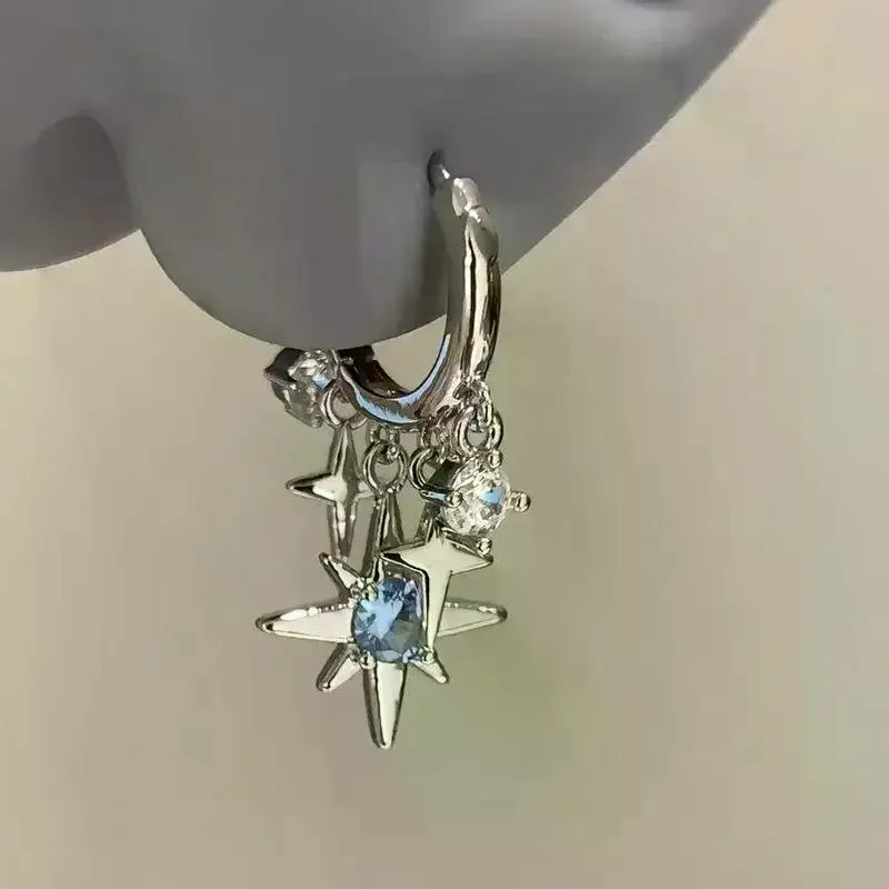 1 Paar blaue Zirkon-Ohrringe mit achtzackigem Stern-Anhänger für Damen, silberfarben, Stern-Quasten-Ohrclip, Y2K-Schmuck, Geschenk