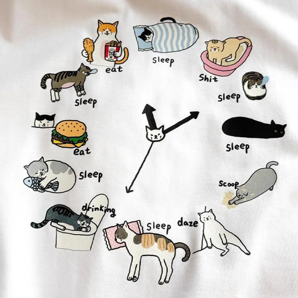 Funny Cats Clock Printing Funny Cute T Shirts Unisex Summer Cotton Short Sleeve Tops Tees Ins Fashion Loose Cotton Tshirts