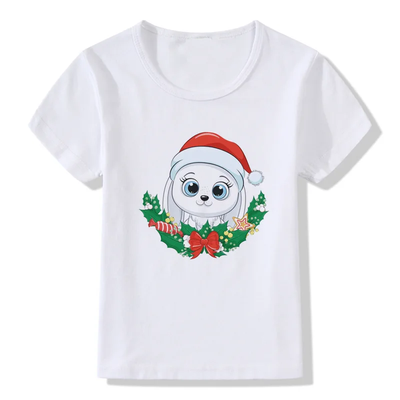 Children's Christmas T-shirt New Cartoon Animal Penguin Sika Deer Print T-shirt Short Sleeve Shirt Kids Clothes