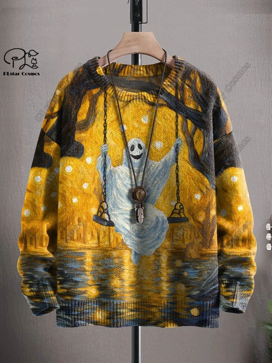 Sudadera con estampado 3D de la serie de Halloween, suéter feo con patrón de gato negro, fantasma de terror, esqueleto, bruja, calle, informal, W-1