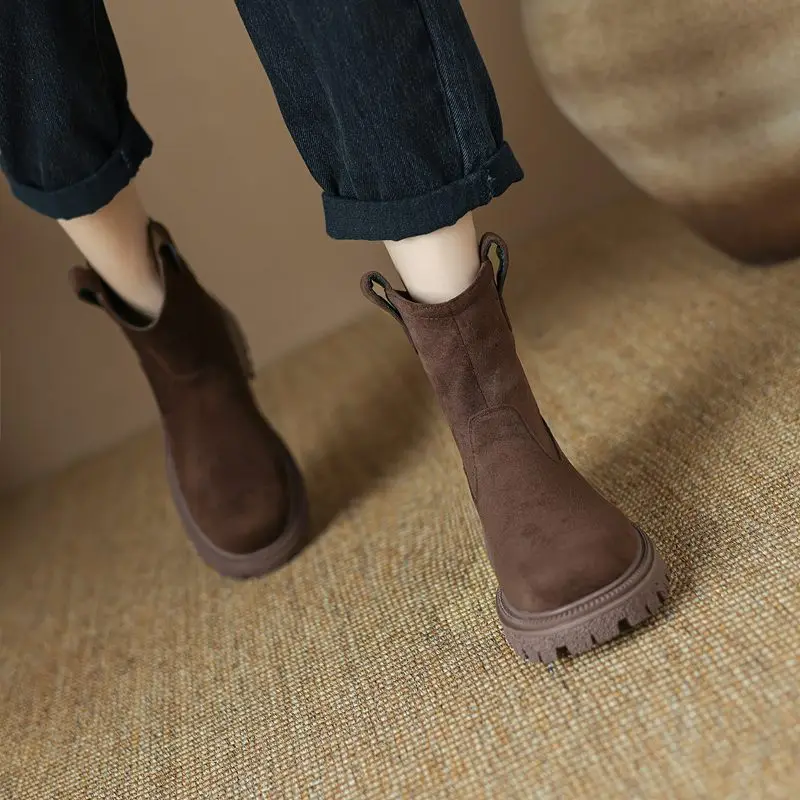 ASILETO 2024 Fashion Women Ankle Boots Flock Suede Thick Heels 4cm Size 41 42 43 Soft Daily Booties