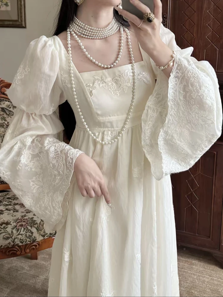 

80-100cm Bust Spring Fall Maxi Dresses For Women French Vintage Elegant Slim Luxury Embroidery Creamy-White Empire Dress