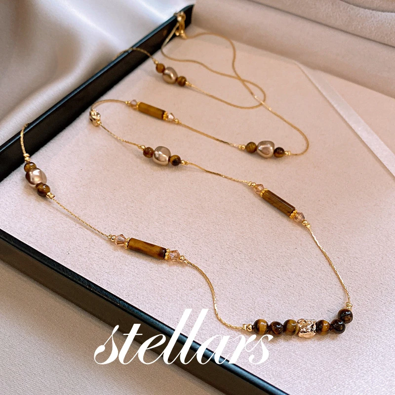 

High-End Women's Cylindrical Imitation Tiger's Eye Bead Pearl Necklace Layered Sweater Chain Jewelry for Autumn And Winter