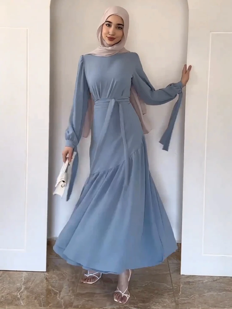 

Temperament Elegant Muslim Women Two-piece Long-sleeved Round Neck Tie Splicing Pleated Dress Hem Slim High Waisted Female Suits