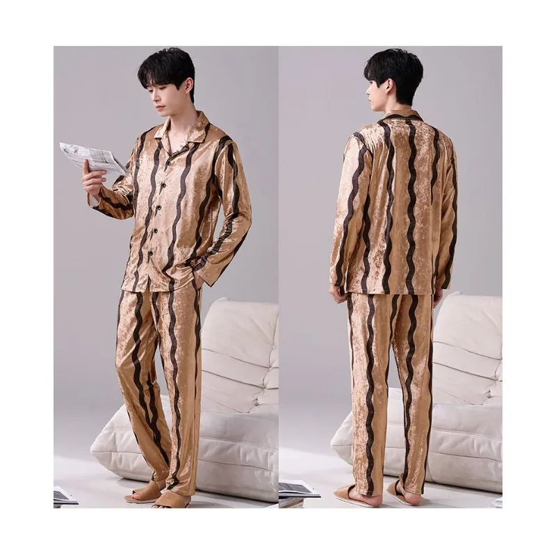 Autumn Winter Men Pajama Handsome Long Sleeve Warm with Velvet Medium Thick Can Worn Outside Gold Diamond Velvet Cardigan Home