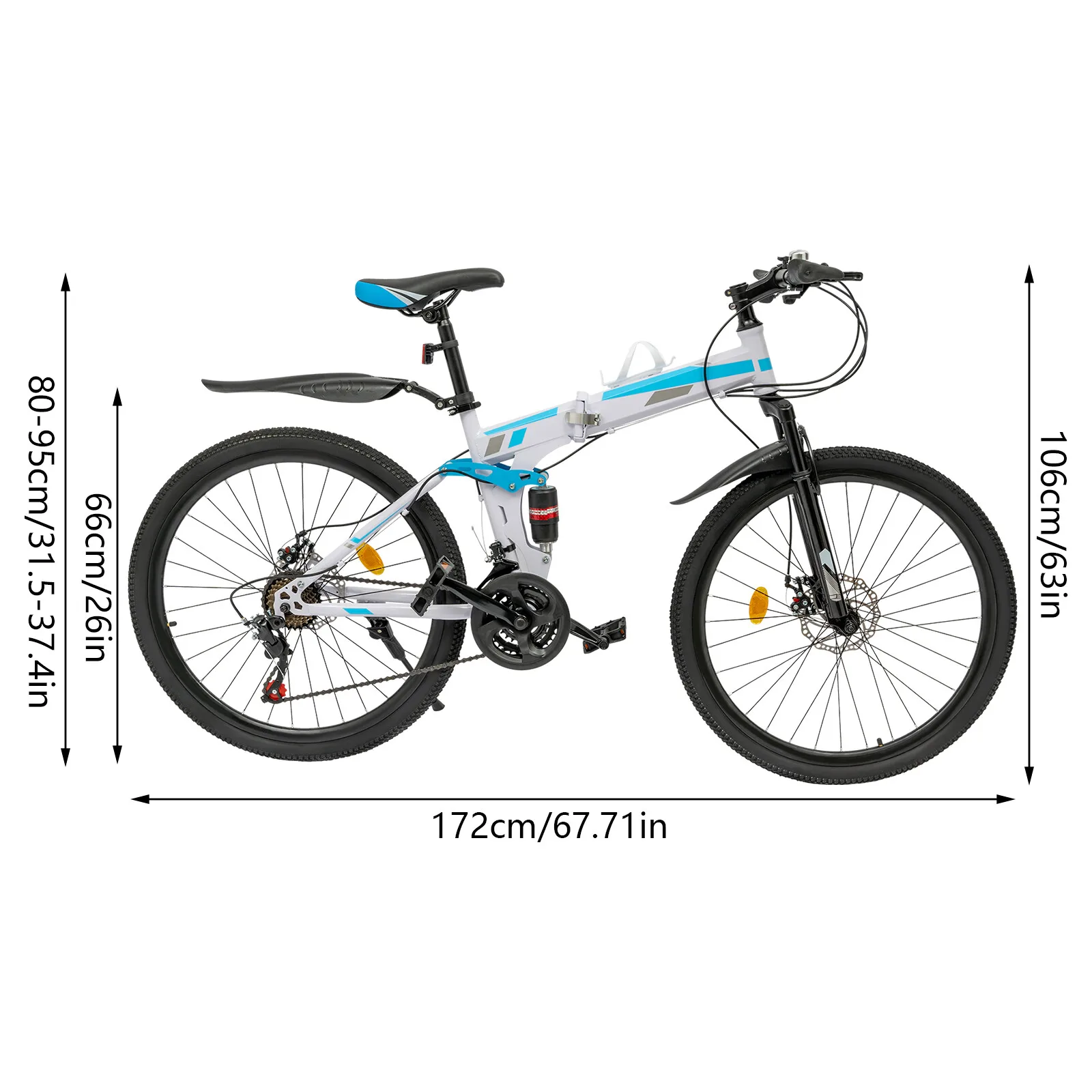 Mountain bike blu e bianco con accessori completi: sella ergonomica in spugna e cavalletto robusto, include manuale inglese
