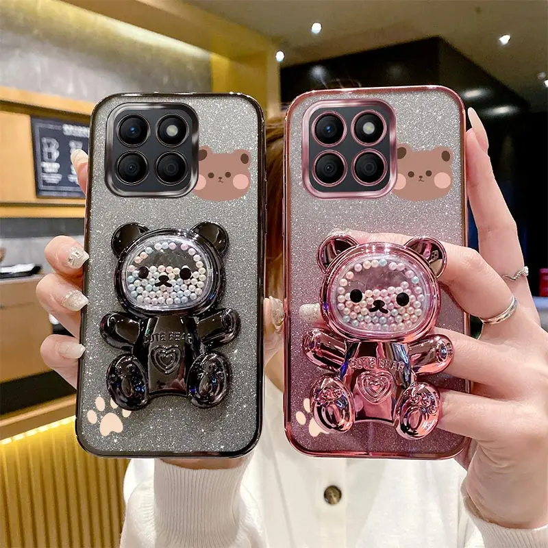 HonorX8B Glitter Bling Bear Phone Holder Case On For Huawei Honor X8B Stand Cover