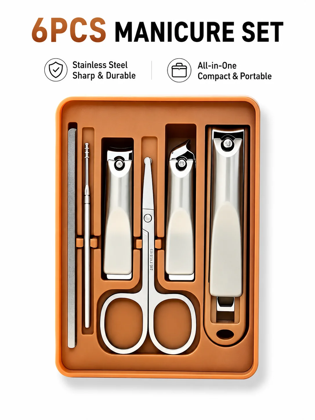 6Pcs Manicure Set Nail Care Kit, Stainless Steel Nail Clippers, Scissors & File, Portable Grooming Tools for Hand & Foot Care