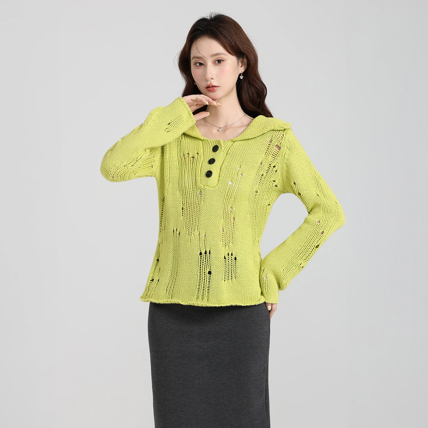 

Korean Sle Irregular Hollow out Turn-down Collar Knitted Sweater Women's Autumn Winter New Design Sensation Top