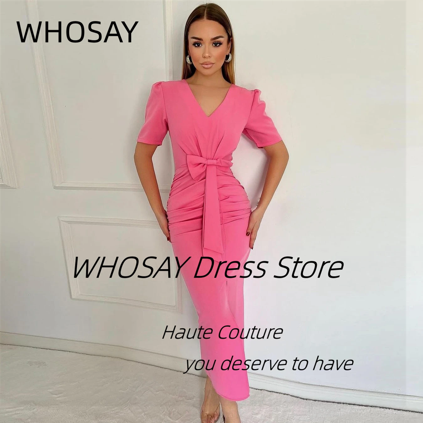 

WHOSAY V Neck Prom Dresses Ruched Bow Front Slit Mermaid Evening Party Gowns Short Sleeves Wedding Guests Special Occasion Dress