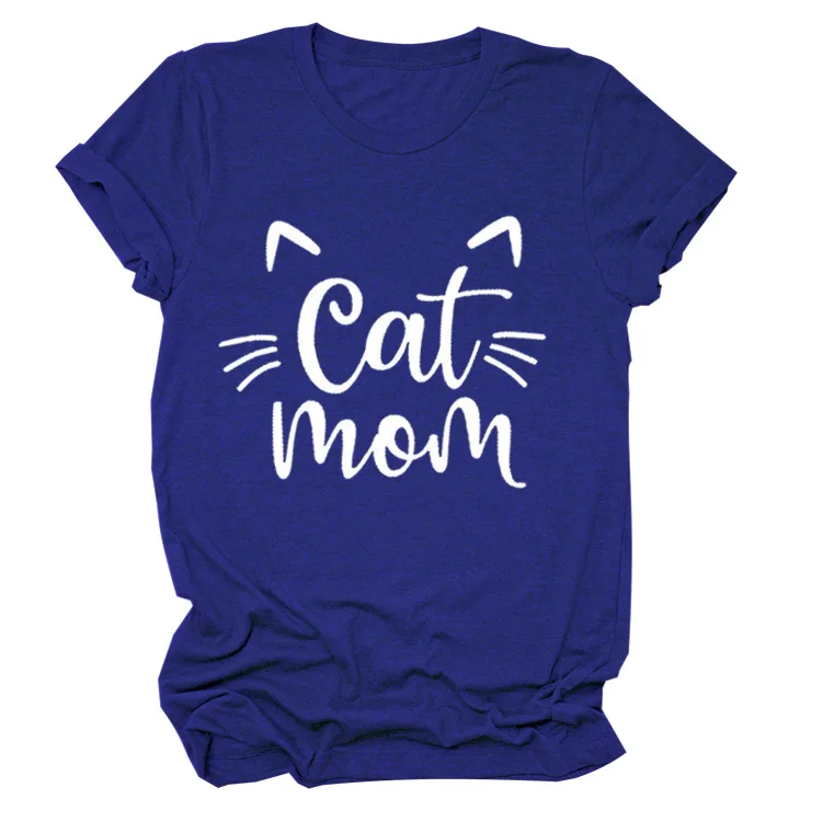 Camiseta con estampado de gato y mamá para Mujer, ropa holgada de manga corta con cuello redondo, Tops