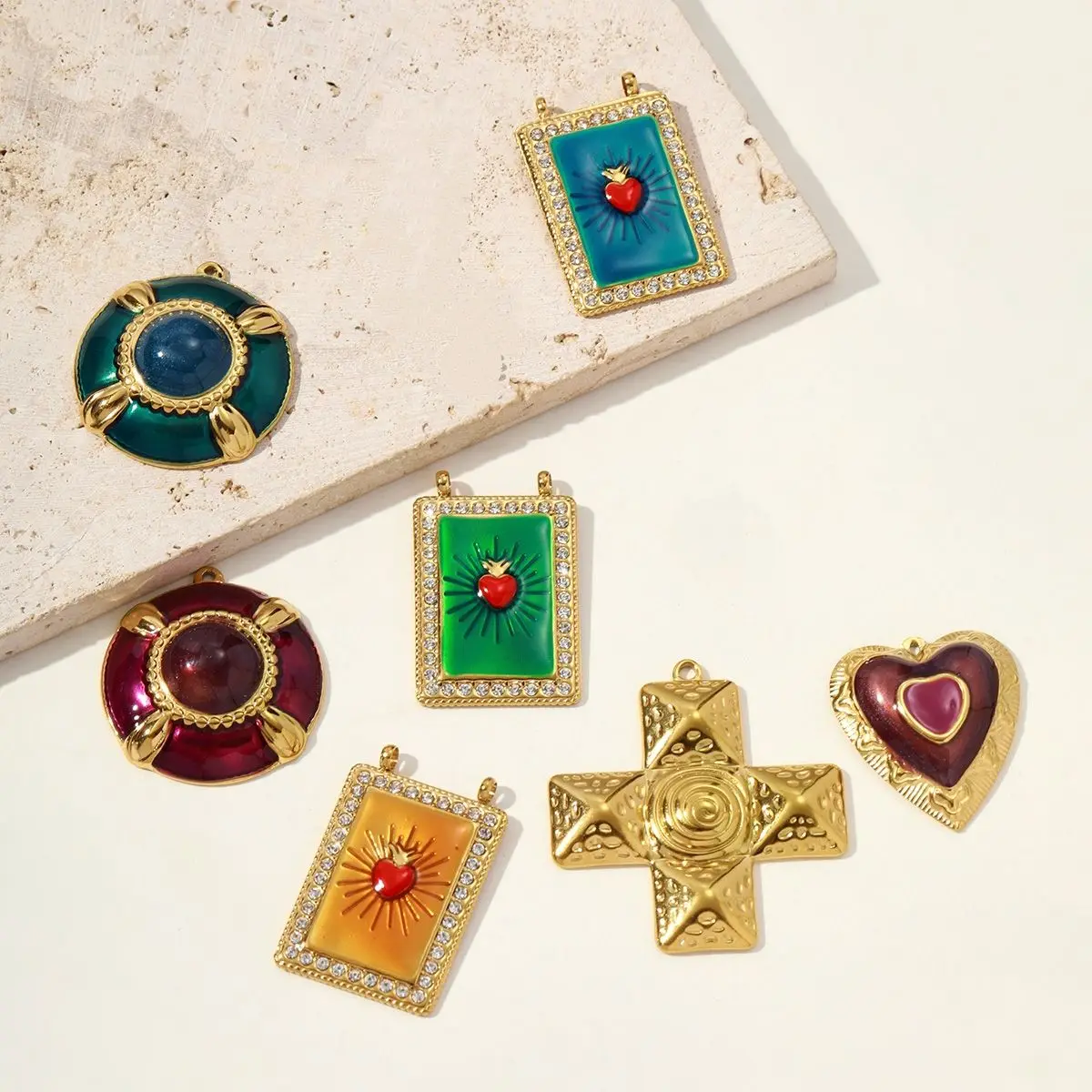 

3Pcs/Lot Stainless Steel Round Cross Heart Charms Enamel Pendants For DIY Making Necklace Earrings Jewelry Accessory Wholesale