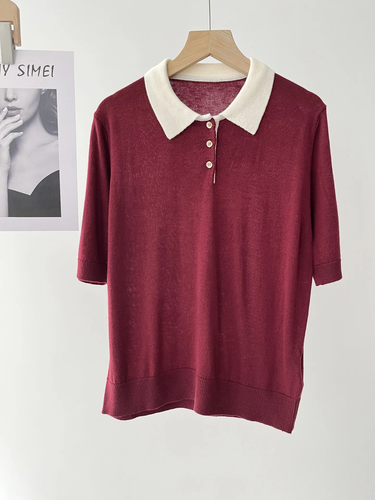 

Polo neck knitted sweater short-sleeved women's splicing front shoulder summer design sense niche thin top 51c-0285